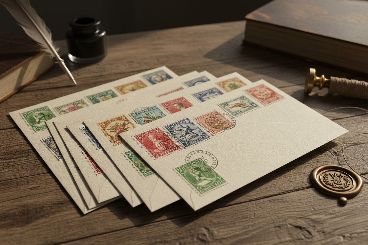 Gerçek pul yapıştırılıp postaya verilen davetiye zarfları